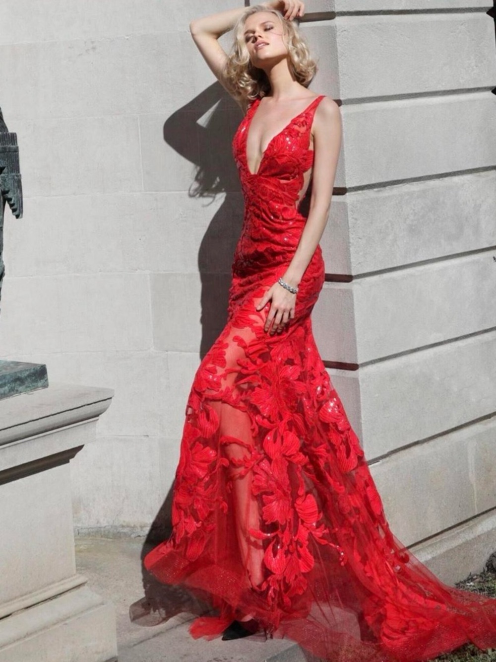 Jovani Red Lace Embroidered Prom Gown - Picture 2 of 2